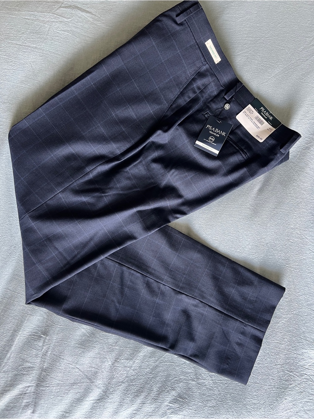 NWT Jos. A. Bank Traveler Pants 38x32 Blue Plaid Wool Blend TailorFit